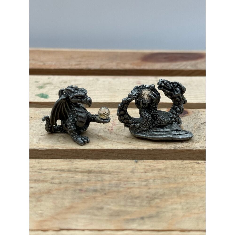 Vintage Miniature Fine Pewter Dragon Figurines with Faceted Crystals-2 Piece Lot